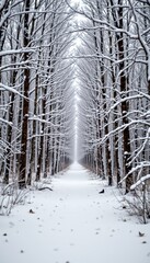 Serene Snowy Forest Path: A Winter Wonderland of Trees and Tranquility in Natural Light, perfect for seasonal backgrounds and festive designs.