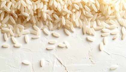 A close-up view of scattered white rice grains on a textured light background