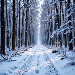 Serene Winter Wonderland: Snowy Path Through a Frosty Forest, a Peaceful Holiday Escape with Crisp HDR Clarity.