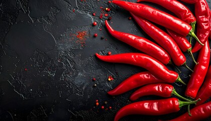 Fresh vibrant red chili peppers arranged artistically on a dark textured background