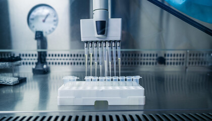 Pharmaceutical lab equipment scene showing auto-pipette transferring liquid in medical in laboratory