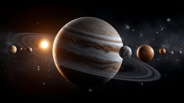 A close up of the planets in the solar system, including Jupiter, Saturn, Uranus, Neptune, and Pluto - Powered by Adobe
