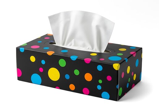 Vibrant polka dot tissue box on white background, clean product photography for hygiene, retail advertising, packaging design, and home decor campaigns