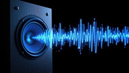 Dynamic Soundwave Visualization from a Speaker with Blue Light Effect on a Dark Background