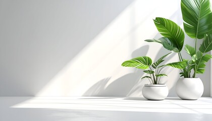 Bright interior with two healthy green plants in stylish pots creating a tranquil atmosphere