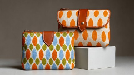 Two purses with different colors and patterns are displayed on a white surface. The purses are placed on top of three white blocks, creating a visually appealing and organized presentation