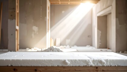 A sunlit construction site featuring a white material on a wooden surface and shadowed walls