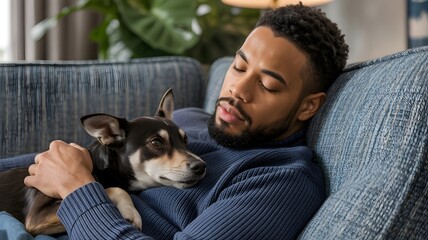 Cozy Companion: A man and his loyal dog share a moment of tranquility and peace, the embodiment of comfort and unconditional bond.