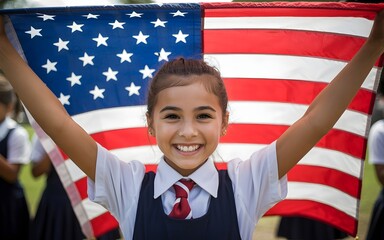 Patriotic Pride: A beaming young girl holds aloft the Stars and Stripes, embodying the spirit of patriotism and national pride, symbolizing the values of freedom and unity.