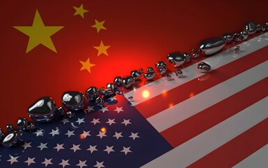 Divided Lines: Symbolic illustration of the complexities between USA and China. Two flags are displayed side by side with the dividing line represented by mercury drops. Reflecting economic relations.