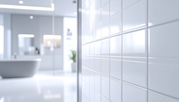 A modern bathroom featuring sleek white tiles, a minimalist design, and soft lighting - Powered by Adobe