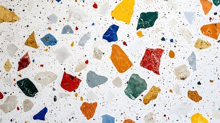 Terrazzo Mosaic: An eye-level shot captures a meticulously crafted terrazzo surface, featuring an array of vibrant, multicolored chips embedded in a smooth, polished concrete base.