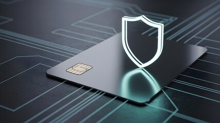 Digital Security: The image features a credit card under a shield, representing digital safety and security against electronic threats, over a tech-themed background.