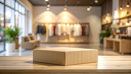 A well-lit retail space with a wooden box on a table, clothing rack in the background