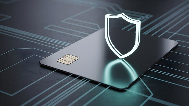 Digital Security: The image features a credit card under a shield, representing digital safety and security against electronic threats, over a tech-themed background. - Powered by Adobe