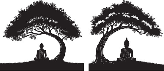 Obraz premium Silhouette of Buddha Meditating Under a Large Tree on a Hill Vector