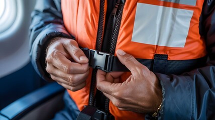 Life Vest: A close-up view of a person securing an orange life vest, emphasizing the importance of safety and preparedness, possibly during a flight.