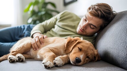 Restful Companionship: A relaxed individual shares a moment of peace with a sleeping puppy on a comfortable couch. Evoking feelings of warmth and contentment.