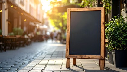 A wooden outdoor chalkboard sign stands on a cobblestone street in a lively café setting