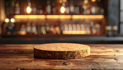 A cork piece resting on a wooden table, with a blurred bar background illuminated by soft lights