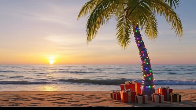 Palm tree decorated with lights and gifts on tropical beach at sunset