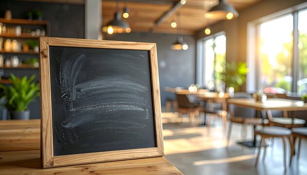 A cozy caf&eacute; interior featuring a wooden chalkboard near plants and large windows, filled with light