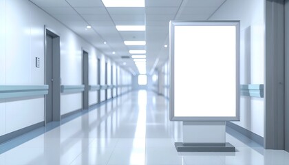 A sterile, well-lit hospital corridor featuring a blank advertising display and clean walls