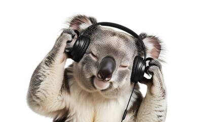 Koala bear with eyes closed, enjoying music through black headphones, isolated on white studio background