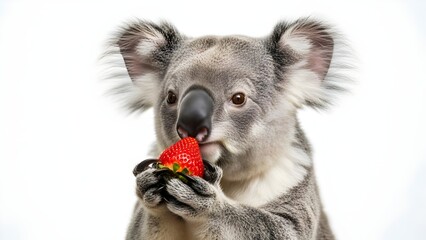Cute Koala Eating Fresh Strawberry, Australian Marsupial Enjoying Fruit on White Background