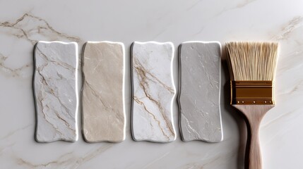 A white brush next to four different colored tiles. The tiles are arranged in a row, with the brush placed in the middle. The tiles vary in color and pattern, creating a visually interesting display