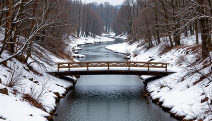 Snowy River and Wooden Bridge in Winter, Serene Landscape for Seasonal Themes (No People)