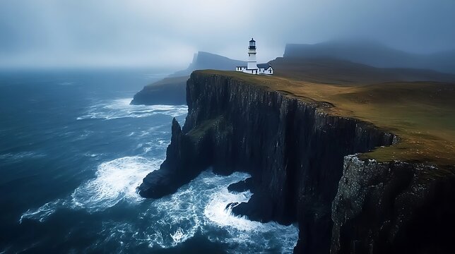 A towering lighthouse standing on a rocky cliff against a stormy sea  - Powered by Adobe