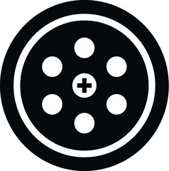 Fototapeta premium Black and white film reel icon with a plus symbol representing adding or creating new content