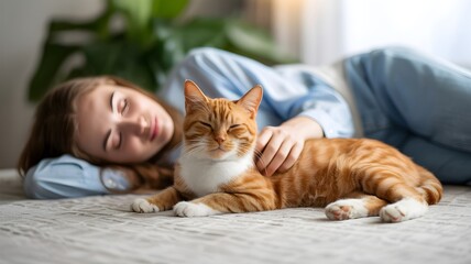 Cozy Companions: A peaceful scene of a young person and an orange tabby cat enjoying a moment of relaxation. Their bond of affection, creating a warm, comfortable atmosphere.