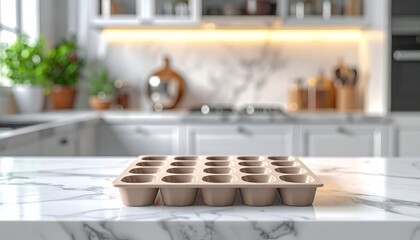 A minimalistic kitchen scene featuring a baking tray on a marble countertop, illuminated softly