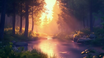 A tranquil forest at sunrise with soft light streaming through tall trees, a gentle mist floating above a peaceful stream