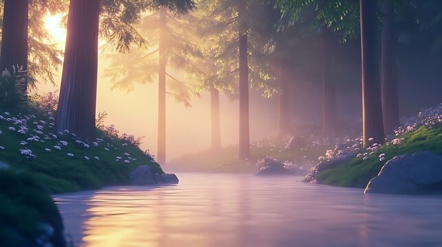 A tranquil forest at sunrise with soft light streaming through tall trees, a gentle mist floating above a peaceful stream - Powered by Adobe