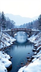 Winter's Embrace: A Stone Bridge Crossing a Snowy River in a Tranquil, Cinematic Landscape, Evoking a Serene Holiday Spirit.