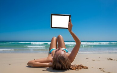 Beachside Bliss: A woman basks in the sun on a sandy beach, holding a blank tablet aloft, blending technology with the tranquility of a perfect seaside escape. 