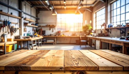 A sunlit workshop featuring a wooden table, tools scattered, with a cozy, warm atmosphere
