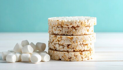 Stacked rice cakes alongside marshmallows against a teal background on a white surface