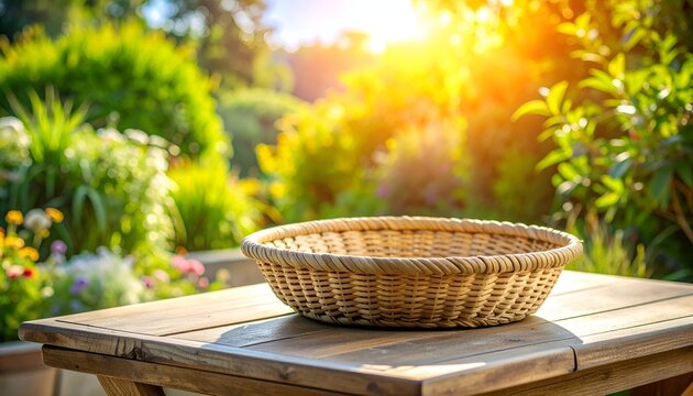 A sunny garden scene features a wicker basket on a wooden table surrounded by vibrant greenery