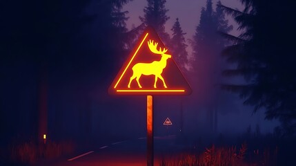 A triangular signal with a glowing animal crossing icon for moose 