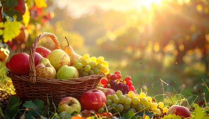 Obraz premium A basket filled with colorful fruits sits in a sunlit vineyard, surrounded by lush greenery