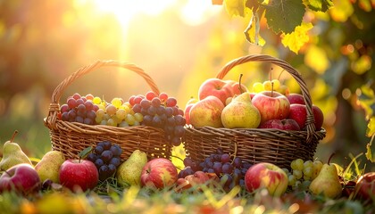 Two baskets filled with colorful fruits are illuminated by warm sunlight in a serene setting