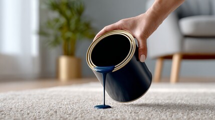 A person is painting a wall with a can of blue paint. The paint is dripping from the can, creating a mess on the floor