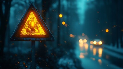 A triangular signal with a glowing yellow hazard icon for steep incline 