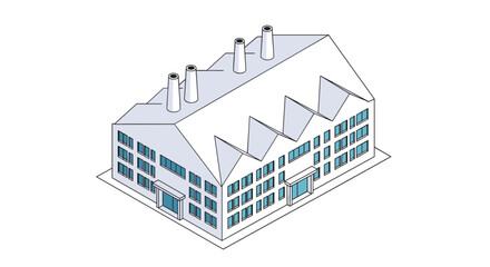 Fototapeta premium Large industrial factory building with distinctive saw-tooth roof and chimneys shown in clean isometric perspective.