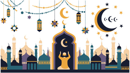 ramadan mosque decoration with lanterns and crescent moons