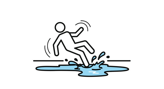 Safety warning sign depicting person slipping and falling on wet puddle of water to prevent workplace accidents.
